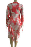 Red Polyester Fashion Sexy adult Ma'am O Neck Patchwork Print Stitching Plus Size
