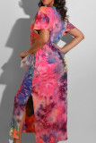 Pink Polyester Europe and America Short Sleeves O neck Pencil Dress Ankle-Length Print Tie and dye Dresses