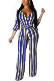 Black Fashion Sexy Adult Polyester Striped Split Joint With Belt V Neck Loose Jumpsuits