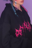 Black Street Print Patchwork Hooded Collar Tops