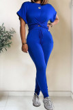 Royal blue Polyester Fashion Casual Patchwork Solid Two Piece Suits pencil Short Sleeve Two Pieces
