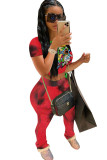 Red Fashion adult Ma'am Street Patchwork Print Tie Dye Draped Two Piece Suits pencil Short Sleeve Two Pieces