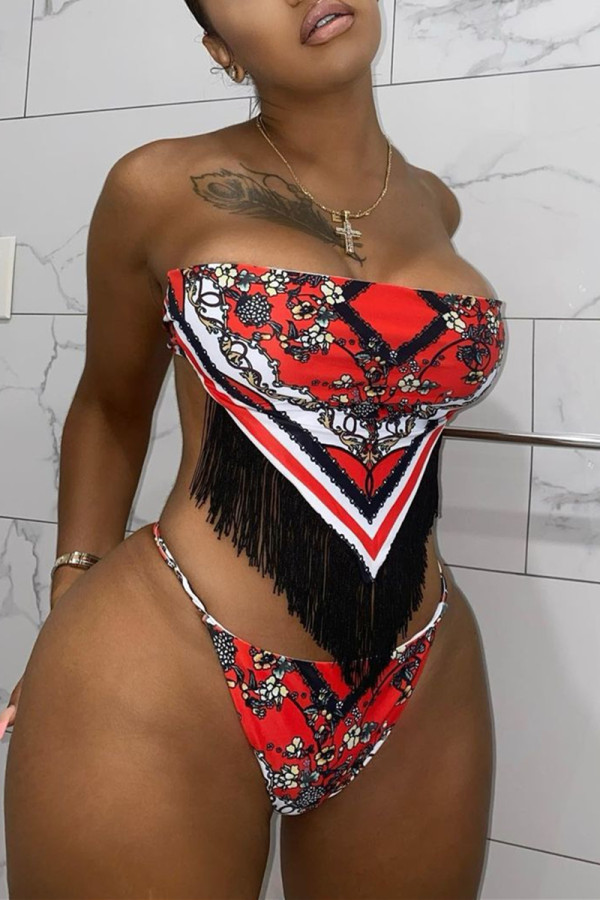Red Fashion Sexy Print Tassel Patchwork Backless Swimwears