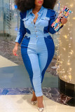 Blue Fashion Casual Patchwork Basic Turndown Collar Regular Jumpsuits