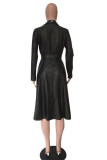 Black Turndown Collar Belt Synthetic Leather Pure Long Sleeve Outerwear