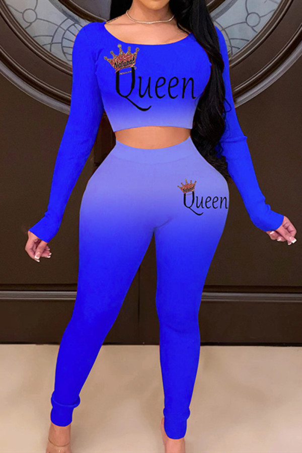 Blue Fashion Casual Letter Print Basic O Neck Long Sleeve Two Pieces