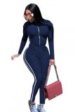 Navy Blue Fashion adult Sexy Ribbon Stringy selvedge Solid Two Piece Suits Patchwork pencil Long Sle