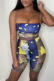 Deep Blue Fashion Sexy Print Patchwork Backless Spaghetti Strap Sleeveless Two Pieces