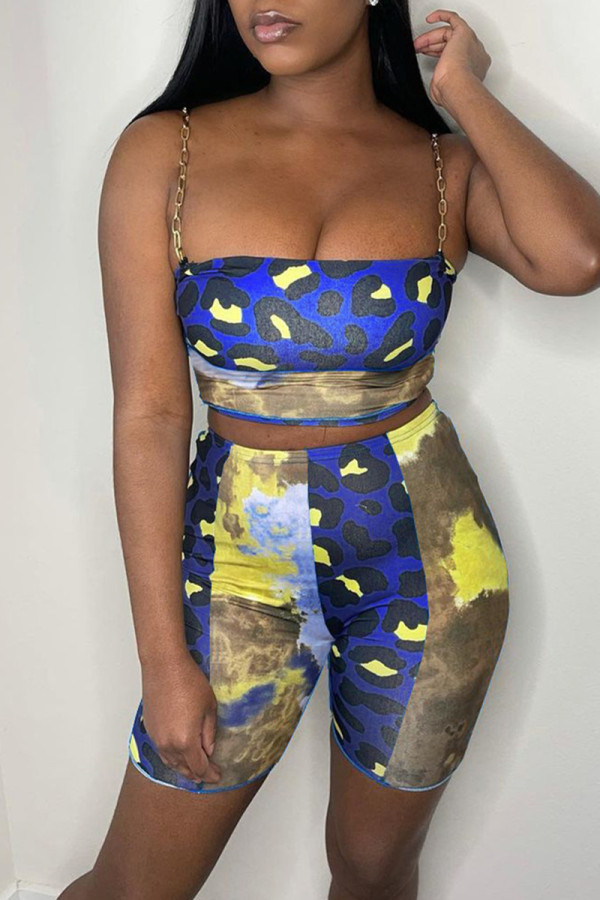 Deep Blue Fashion Sexy Print Patchwork Backless Spaghetti Strap Sleeveless Two Pieces
