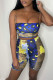 Deep Blue Fashion Sexy Print Patchwork Backless Spaghetti Strap Sleeveless Two Pieces