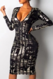 Black Sexy Print Split Joint V Neck Pencil Skirt Dresses