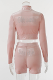 Pink Casual Hot Drilling Letter Zipper Collar Long Sleeve Two Pieces