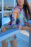 Colour Sexy Print See-through Mesh O Neck Wrapped Skirt Dresses