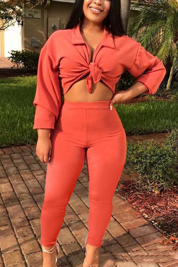 Red Casual Patchwork Bandage Turndown Collar Long Sleeve Two Pieces