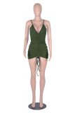Army Green Sexy Solid Draw String Spaghetti Strap Pencil Skirt Dresses