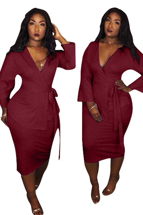 Wine Red Fashion Sexy Cap Sleeve Long Sleeves V Neck A-Line Mid-Calf asymmetrical Two Piece Dresses