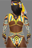 Yellow Sexy Print Split Joint Mesh Swimwears