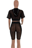 Black Polyester Fashion Sexy Mesh HOLLOWED OUT Fluorescent perspective Patchwork pencil Two-Piece Short S