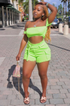 Fluorescent green Polyester Fashion Sexy Solid crop top Slim fit Two Piece Suits asymmetrical Skinny Short Sleeve