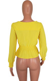 Yellow O Neck Long Sleeve Slim fit Draped Solid Long Sleeve Tops