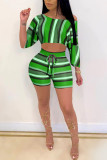Green Fashion Sexy adult Ma'am One Shoulder Collar Print Two Piece Suits Stitching Plus Size
