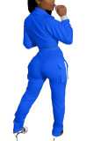 Blue Fashion Casual Adult Polyester Solid Split Joint Turndown Collar Long Sleeve Regular Sleeve Regular Two Pieces