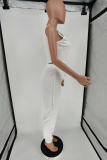 White Casual Solid Frenulum O Neck Sleeveless Two Pieces