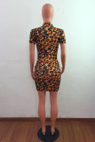 Leopard Print Fashion Sexy Print Leopard Slit O Neck Short Sleeve Dress