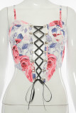 Rose Sexy Print Hollowed Out Frenulum Backless Spaghetti Strap Mid Waist Tops