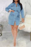 Blue Fashion Casual Solid Basic Turndown Collar Denim Dress