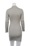 Grey Sexy Solid Patchwork Turtleneck Wrapped Skirt Dresses