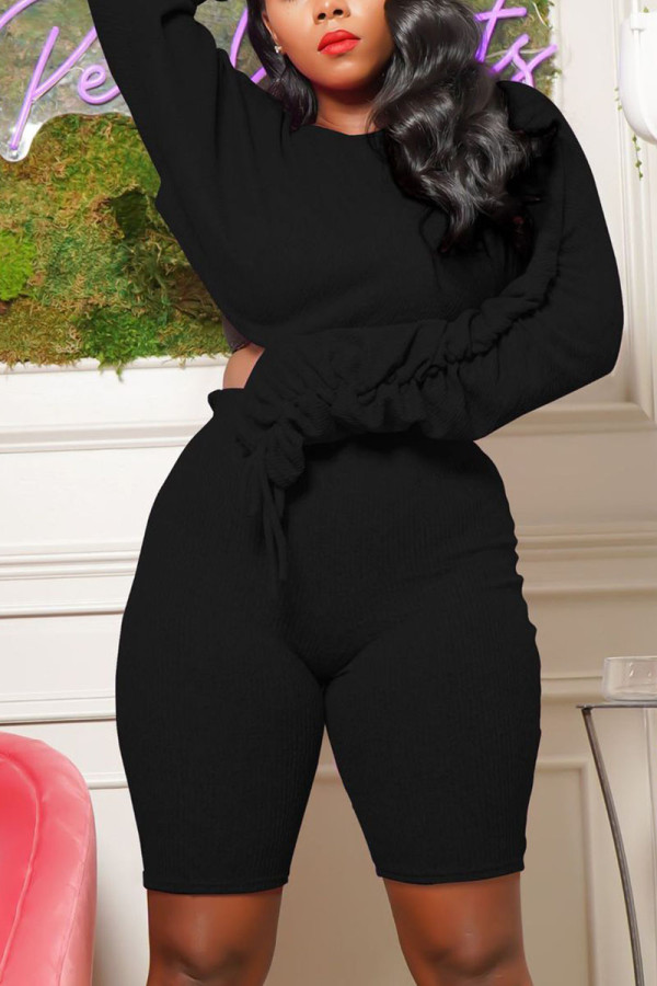Black Sexy Adult Pit Article Fabrics Solid Fold O Neck Long Sleeve Regular Sleeve Short Two Pieces