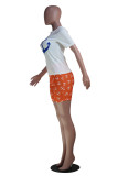 Blue Fashion Casual Print Basic O Neck Short Sleeve Two Pieces