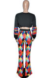 Multi-color Polyester Elastic Fly Mid Print Patchwork Boot Cut Pants Pants