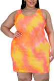 Orange Polyester Fashion adult Ma'am OL O Neck Print Pattern Plus Size