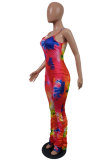 rose red Fashion Sexy Print Patchwork Tie-dyed Draped Sleeveless Slip Jumpsuits