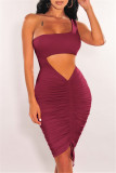 Blue Fashion Sexy Solid Hollowed Out One Shoulder Sleeveless Dress