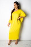 Yellow Polyester Sexy Fashion Cap Sleeve Half Sleeves O neck Asymmetrical Ankle-Length Patchwork Solid Cas