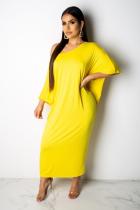 Yellow Polyester Sexy Fashion Cap Sleeve Half Sleeves O neck Asymmetrical Ankle-Length Patchwork Solid Cas