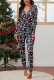 Black Sexy Print Patchwork V Neck Skinny Jumpsuits