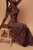 Brown Fashion Sexy Print Hollowed Out Strapless Long Sleeve Two Pieces