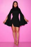 Black Polyester Fashion Sexy adult Bell sleeve Long Sleeves Turtleneck Step Skirt Mini split Patchwork Sol