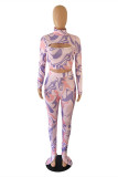 Pink Fashion Sexy Print Hollowed Out Turtleneck Long Sleeve Two Pieces