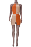 Tangerine Red Sexy Solid Patchwork Turndown Collar Sleeveless Two Pieces