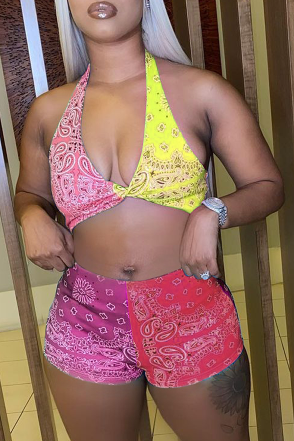 Red Sportswear Print Patchwork Swimwears