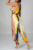 Yellow Fashion Sexy Print Tie Dye Slit O Neck Regular Jumpsuits
