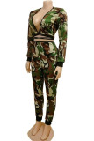 Camouflage Sexy Print Bandage Hollowed Out V Neck Long Sleeve Two Pieces
