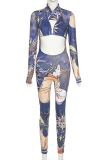 Blue Sexy Print Split Joint Half A Turtleneck Long Sleeve Two Pieces