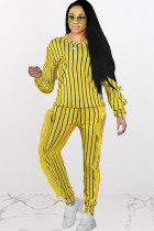 Yellow venetian Street ruffle Two Piece Suits Print Straight Long Sleeve Two-piece Pants Set