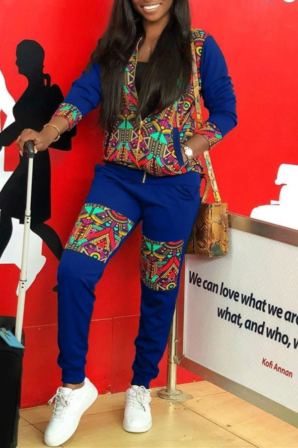 Royal Blue Fashion Casual Print Patchwork Zipper Collar Long Sleeve Two Pieces